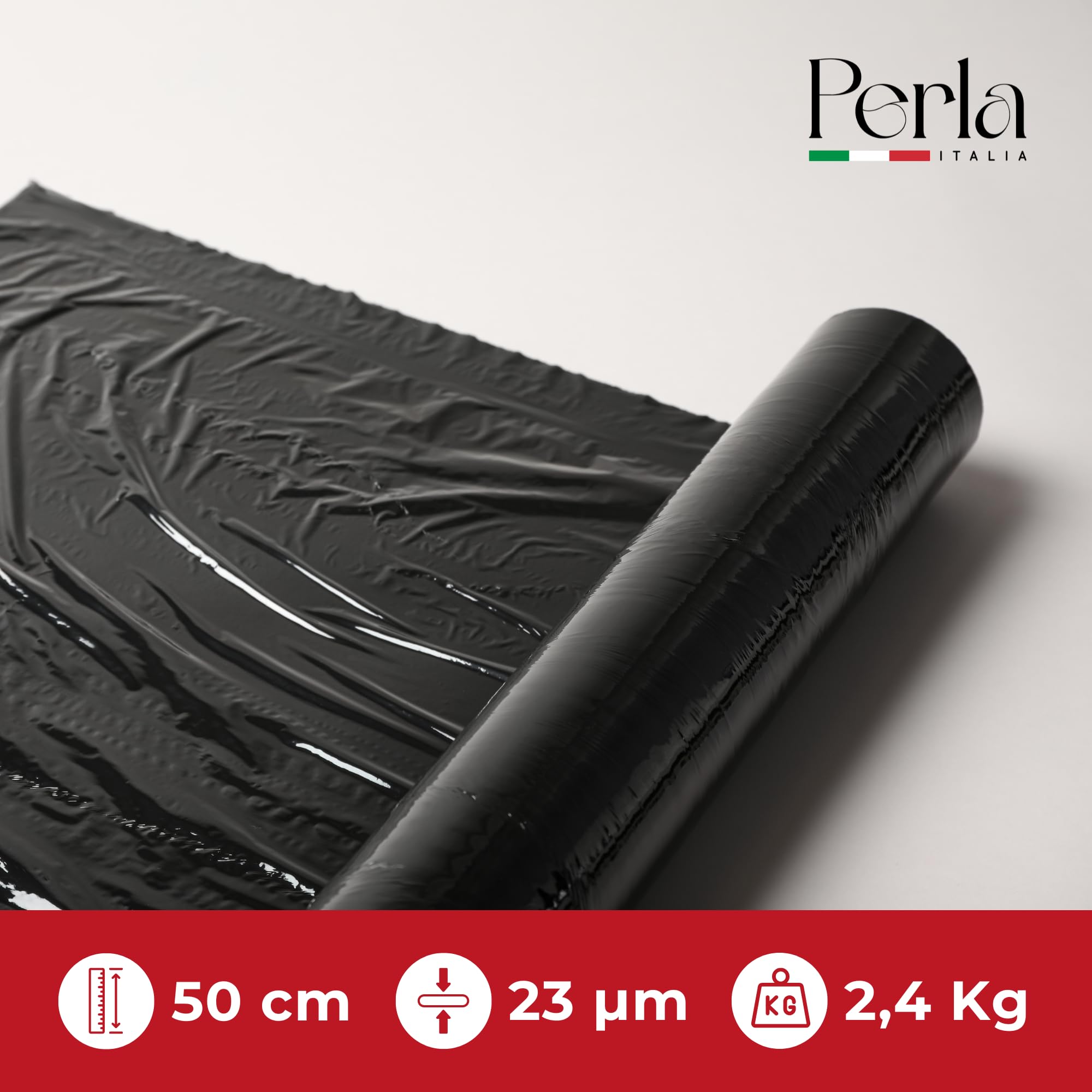 Perla, 6 Rotoli Film Estensibile Imballaggio, Pellicola Nera per Imballaggio, Bobina peso 2,4 Kg, Altezza 50 Cm Spessore 23mycron, Rotolo Pellicola Multiuso Extra Resistente per Spedizioni e Trasloco