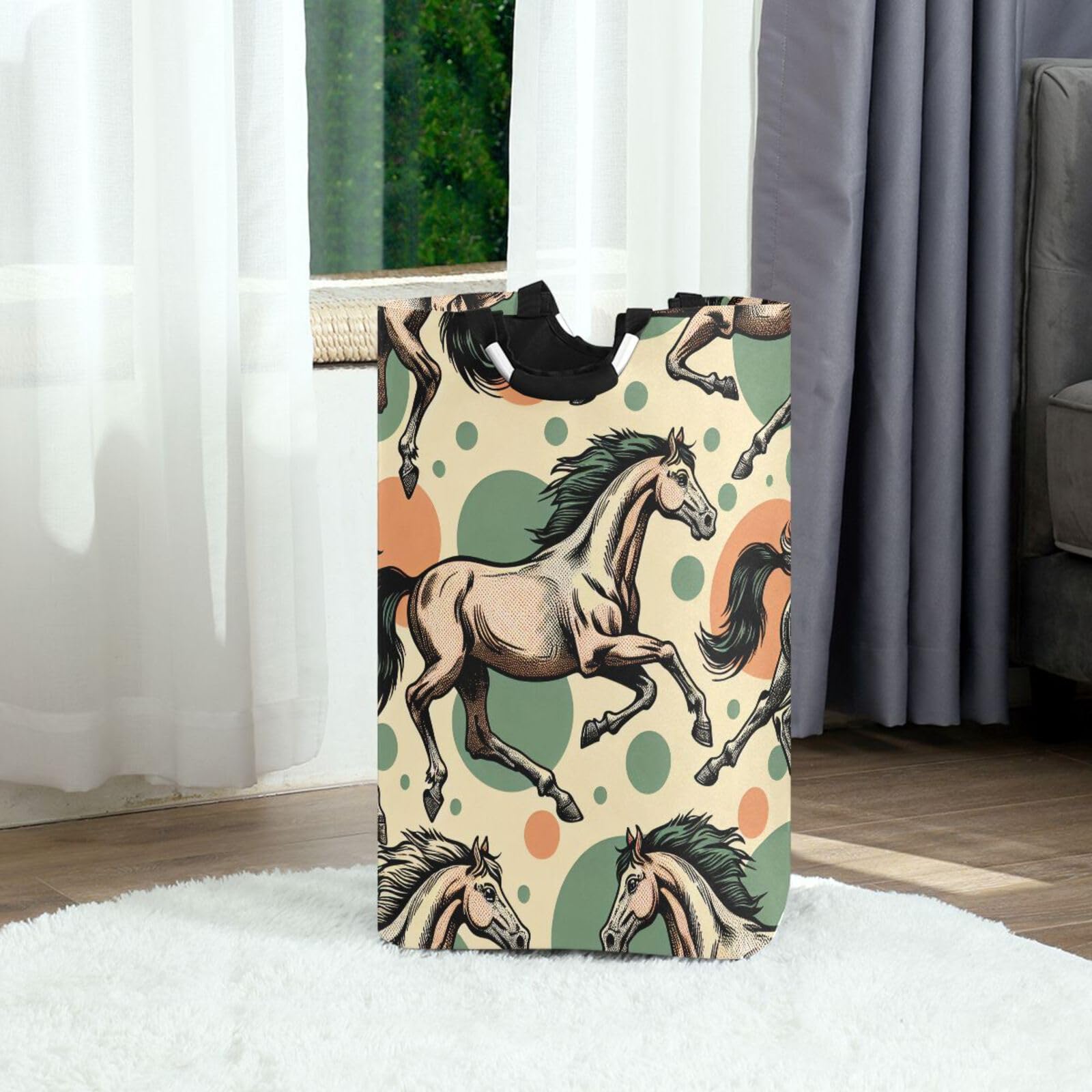 Jihqo Laundry Hamper Basket Polka Dots and Horses Collapsible Nursery Storage Bin Waterproof Clothing Baskets for Home Bedroom Bathroom Washing Room