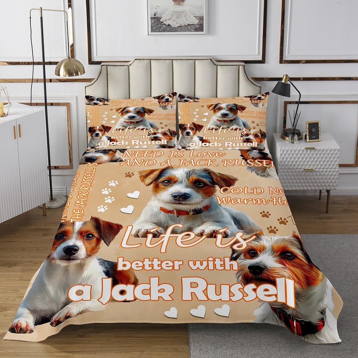 jejeloiu Jack Russell Terrier Bedspread King Size Kids Dog Pet Animal Coverlet Set for Boys Girls Teens Puppy Quilted Coverlet Breathable Soft Lightweight Brown Room Decor