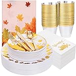 Festiva 176Pcs Thanksgiving Plastic Plates - Heavy Duty Thanksgiving Plates - Thanksgiving Disposable Dinnerware Set include 50 Plates,75 Silverware, 25 Cups, 25 Pumpkins Napkins, 1Tablecloth