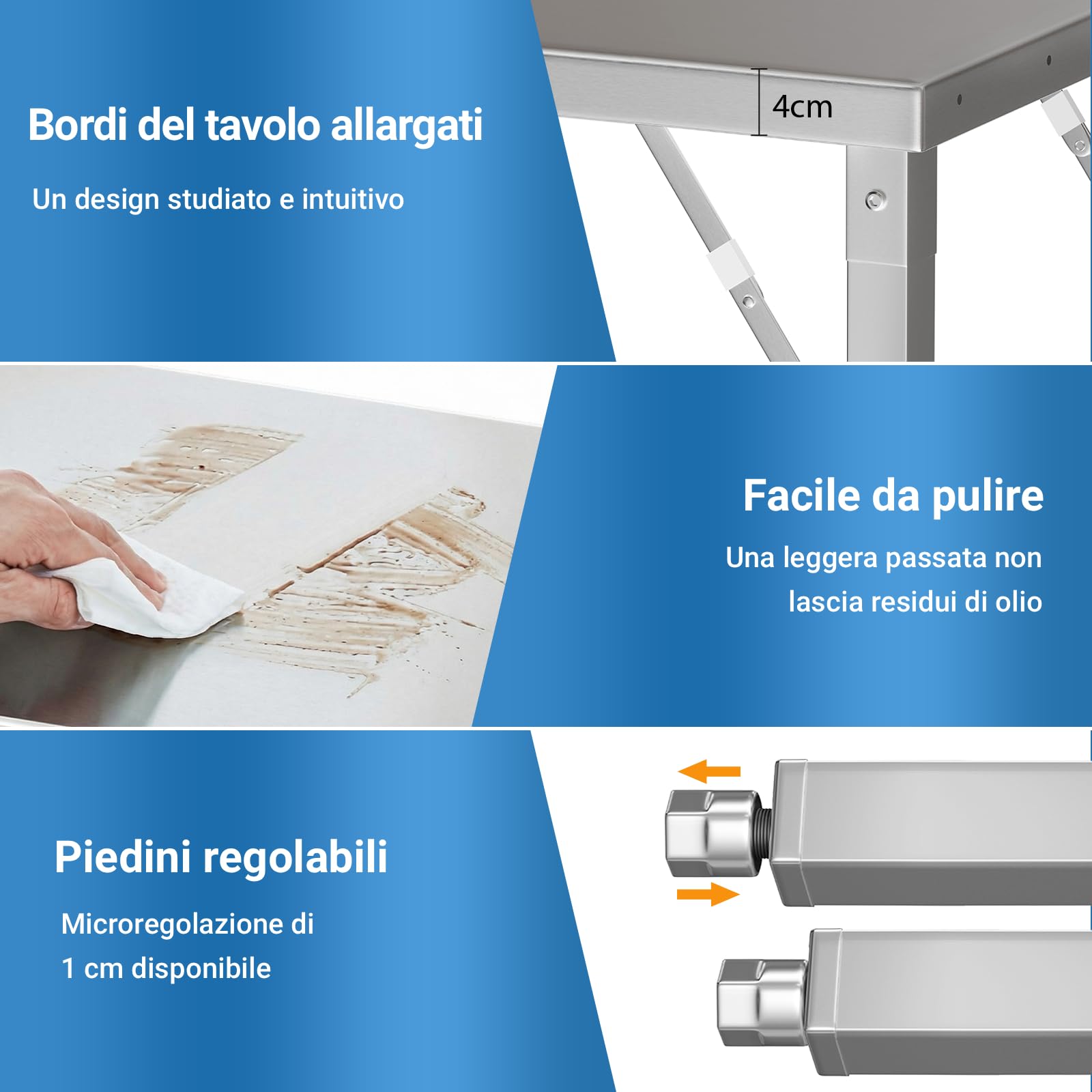 TLSUNNY Tavolo da Lavoro Cucina Pieghevole in Acciaio Inox 120x60cm, Banco da Lavoro Cucina Commerciale Professionale con 5 Ganci, Gambe Regolabili,Capacità 250kg,Tavolo di Preparazione per Ristorante