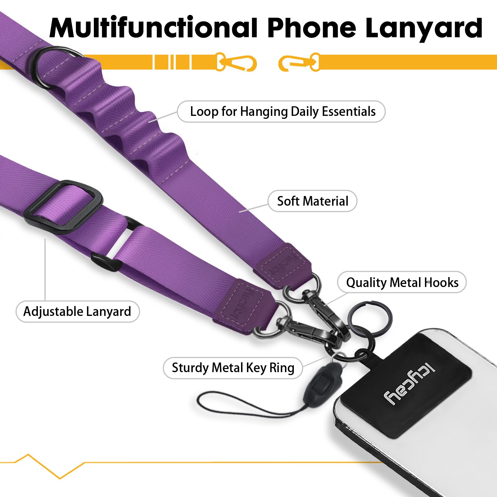 Icycay Cordón cruzado para teléfono, cordón para teléfono celular para alrededor del cuello, correa ajustable para teléfono, bonito cordón para iPhone, 1 Púrpura, Medium