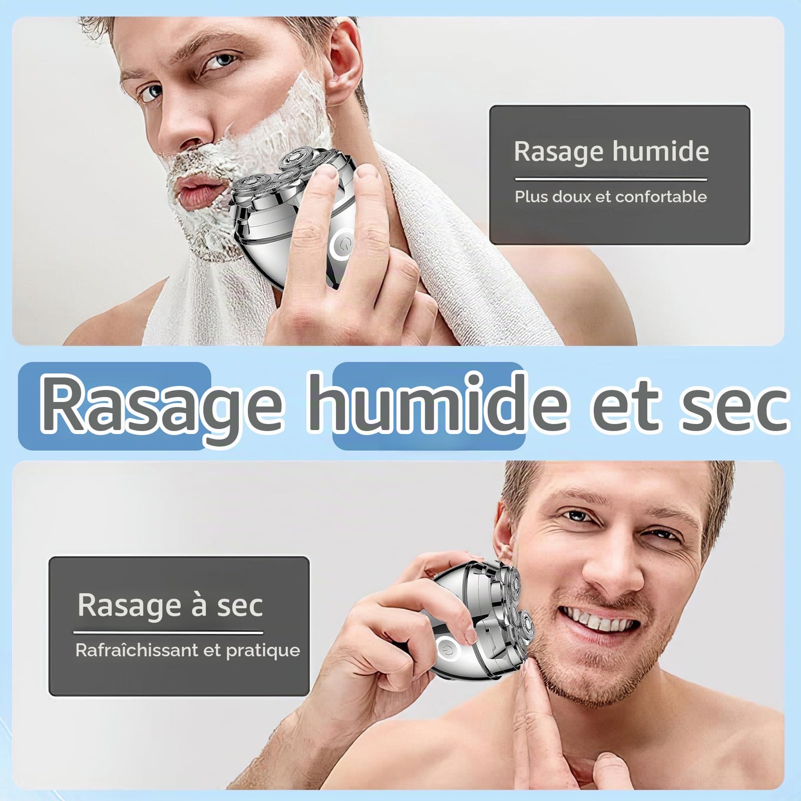 Rasoir Rotatif Homme avec Têtes 5D & Batterie USB-C | Rasoir crânien magnétique, IPX7 étanche, utilisation sèche & humide – idéal pour raser tête et tailler barbe à la maison