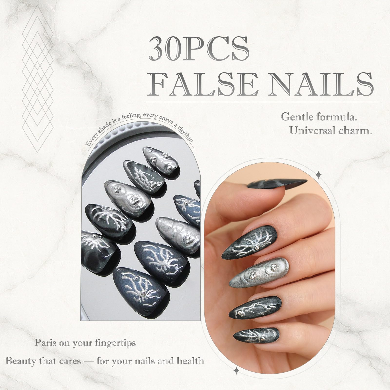 Medium Almond Gothic Metallic Press On Nails, 30PCS Dark Black Silver 3D Art with Pearls and Glitter - Image 4