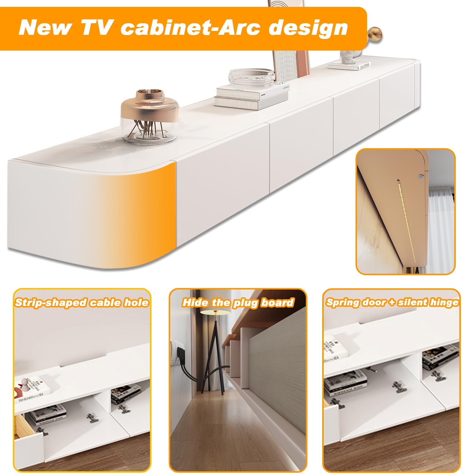 Supporto TV a parete, mensole a parete con porta, console multimediale, mobile TV a parete, grande panca portaoggetti sotto la televisione (bianco + LED, 220 cm)