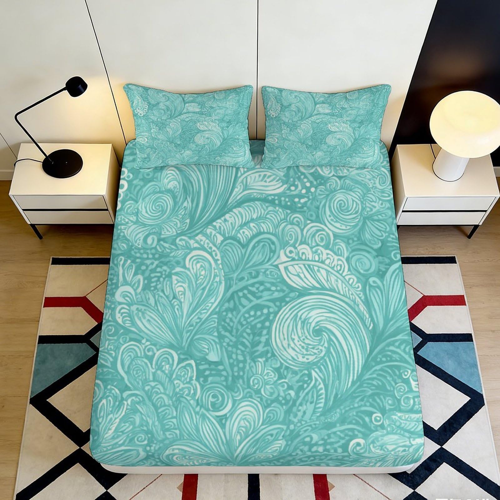 3D Printed Turquoise Floral Fitted Sheet Microfiber Durable Soft Swirl Bed Cover for Bedroom Dormitory Guest Room Mattress Protection Decor 120x200x25cm
