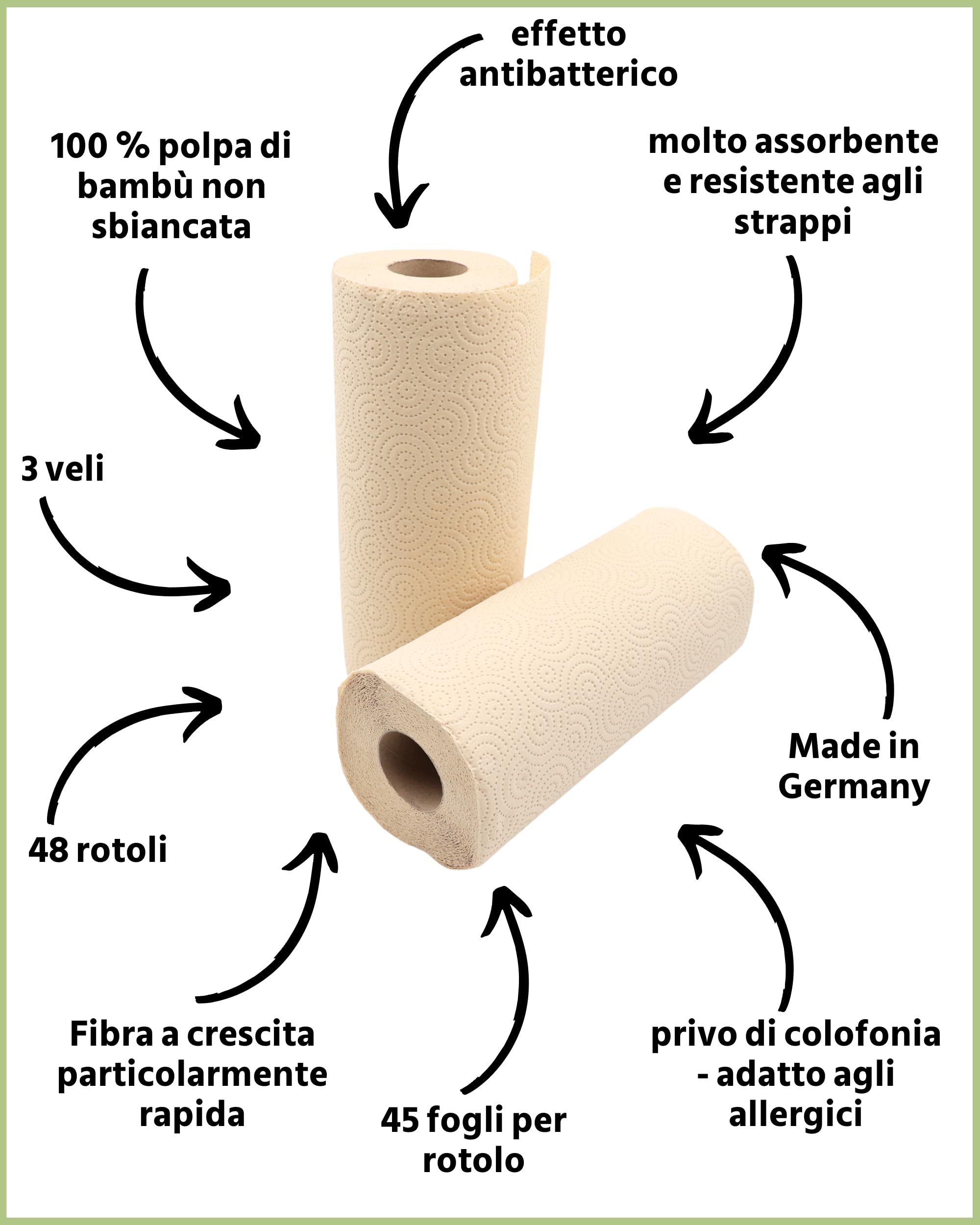 œcolife Strofinacci da cucina in bambù, 48 rotoli, 45 fogli per rotolo, 3 strati, polpa di bambù non sbiancata con proprietà antibatteriche
