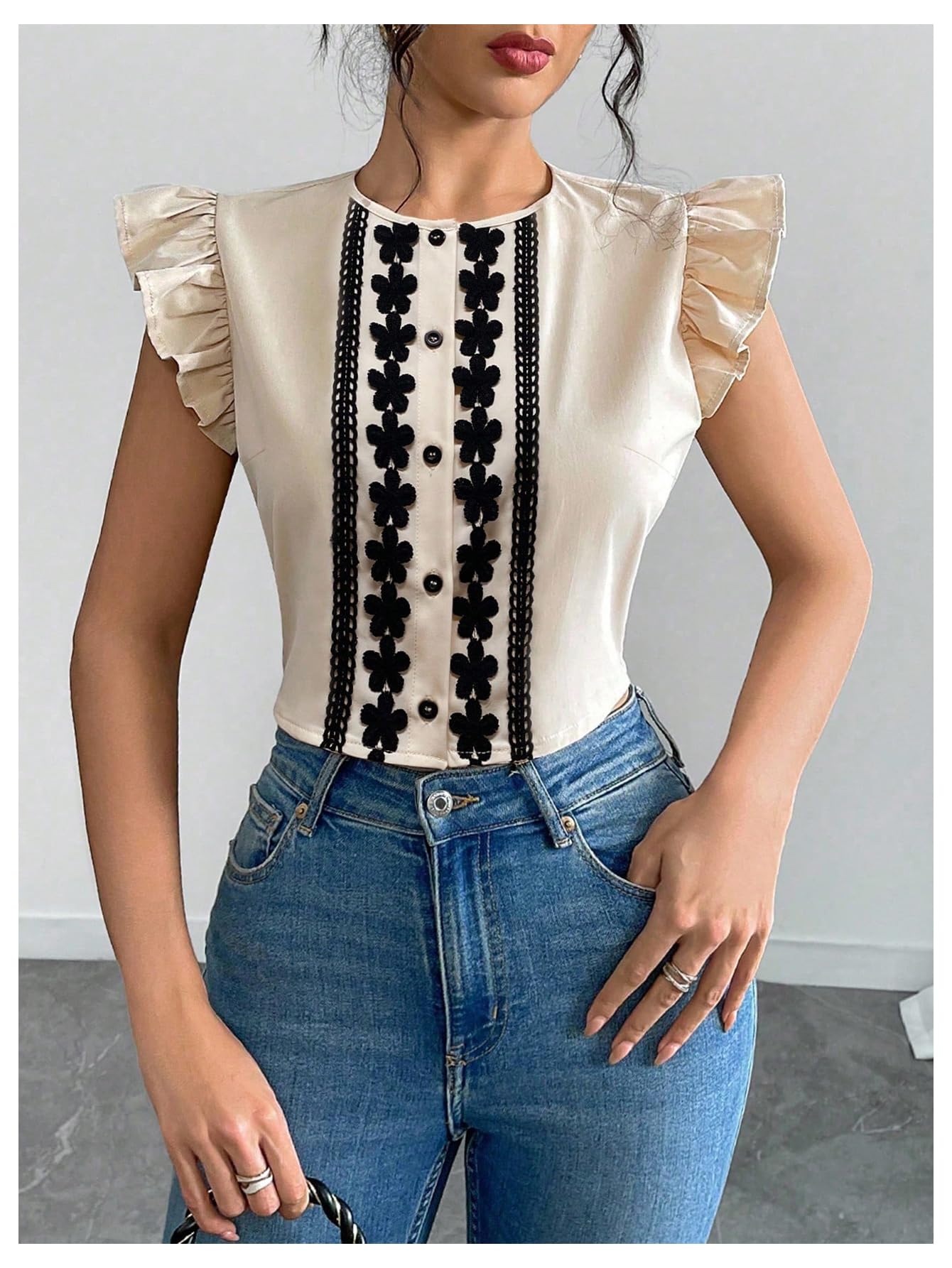 Floerns Women's Elegant Button Down Shirts Ruffle Cap Sleeve Summer Dressy Casual Blouse Tops