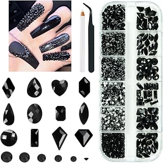 2052Pcs Black Nail Art Rhinestones Kit 72 Multi Shapes Crystal Flatback Rhinestones Gems +1980 Jet Black Round Beads Glass Stones Diamonds Jewels w Tweezer & Wax Pen for Nail Faces Eyes Makeup Crafts