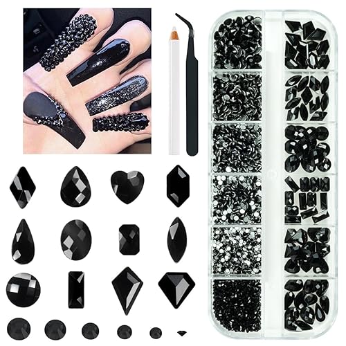 2052Pcs Black Nail Art Rhinestones Kit 72 Multi Shapes Crystal