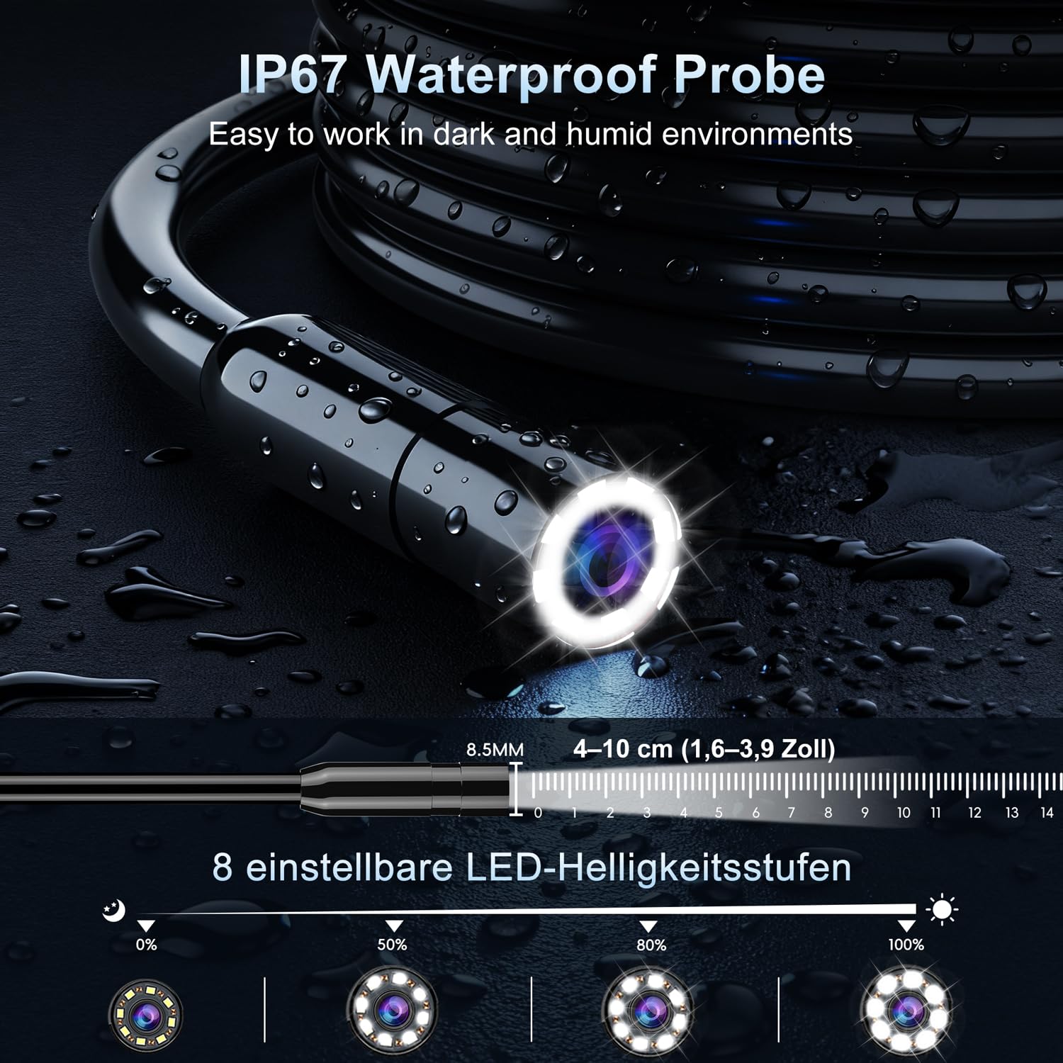 SKYBASIC Industrie-Endoskop, 4,3-Zoll IPS Digitales Endoskopkamera,1080P HD Kamera mit 8 LED-Lichtern, IP67 wasserdichtes Schlangenkamera, Inspektionskamera für Rohre, Autos, Wände, Bohrungen –20M
