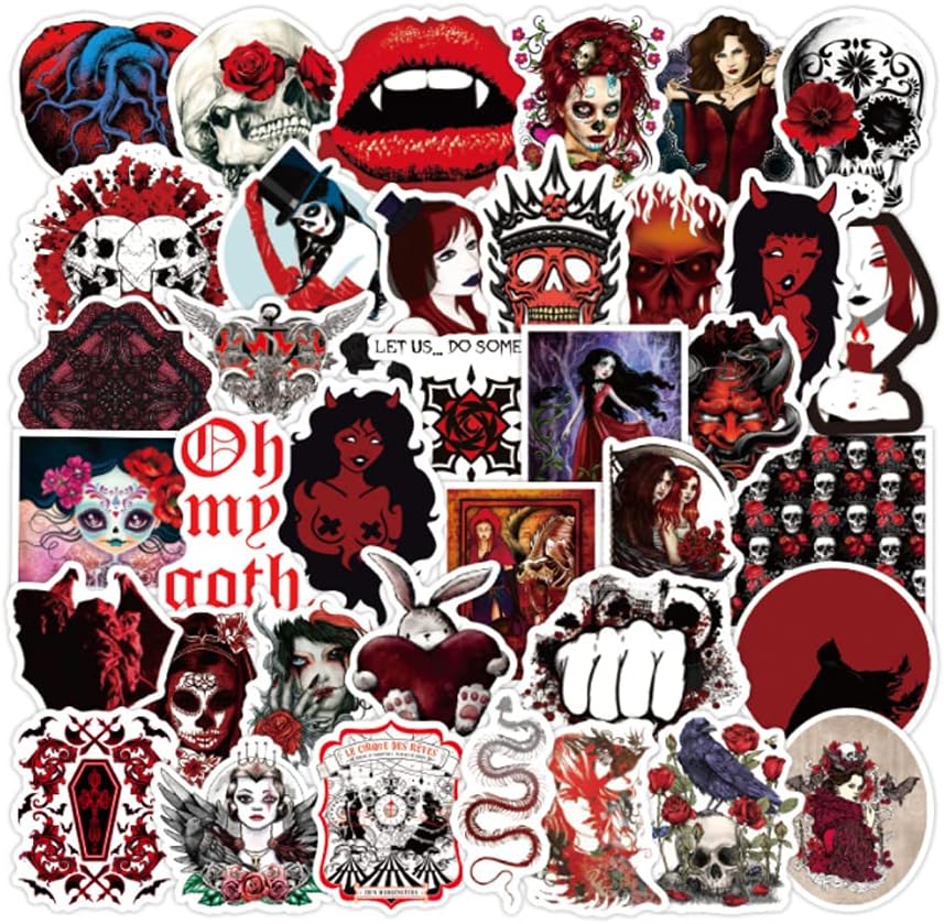 50 Pcs Horror Style Cool Gothic Stickers Skull Skeleton Dark Red Vinyl Sticker Waterproof Trendy Aesthetic Decal for Laptop Water Bottle Skateboard