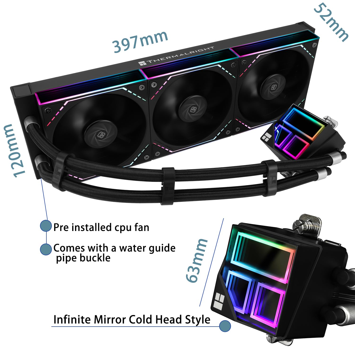 TR-Thermalright Frozen Infinity 360 Black Liquid CPU Cooler, 360 mm Aio Cooler-Infinity effetto luce specchio, 2000 giri/min, per AMD AM4/AM5, Intel LGA1851/1700/1150/1151/2011