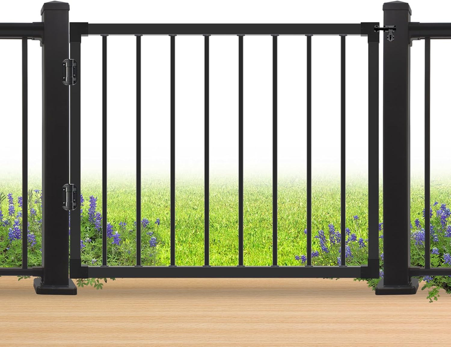 Deck Fence Gate Outoor, Black Heavy Duty Steel Anti-Rust Door with Adjustable Width (Up to 48"), 38''H Gate for 42''H Deck, Easy Installation Metal Gates for Residential, Yard, Patio (No Hinge)