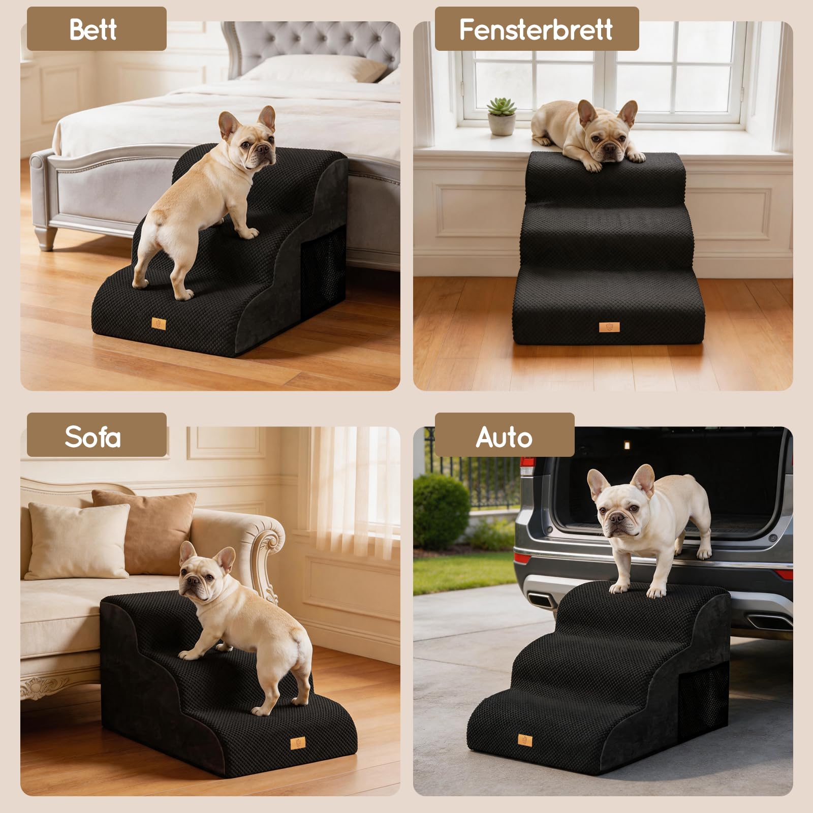 Escalera para Perros pequeños, Escalera para Mascotas, 3 peldaños, Esponja de Alta Densidad, 40 cm de Alto con Funda Impermeable, Antideslizante para sofá Cama, Color Negro