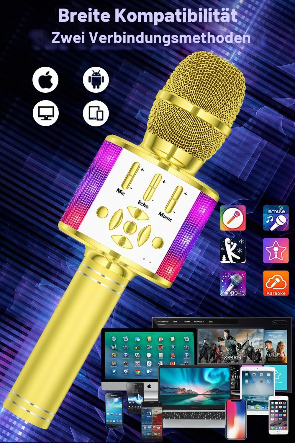 BONAOK Kabelloses Bluetooth-Mikrofon, Kindermikrofon mit LED-Lichtern, Mini-Karaoke-Maschine für Party/Zuhause/Geburtstag, kompatibel mit Bluetooth iOS Android (Gold)