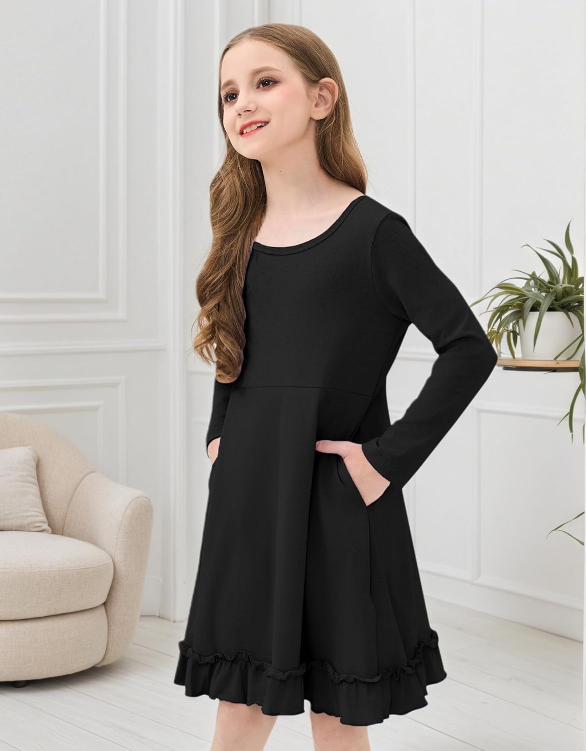 JiAmy Girls Dresses Fall Long Sleeve A Line Twirly Skater Ruffle Loose Casual Dress with Pocket - Image 6