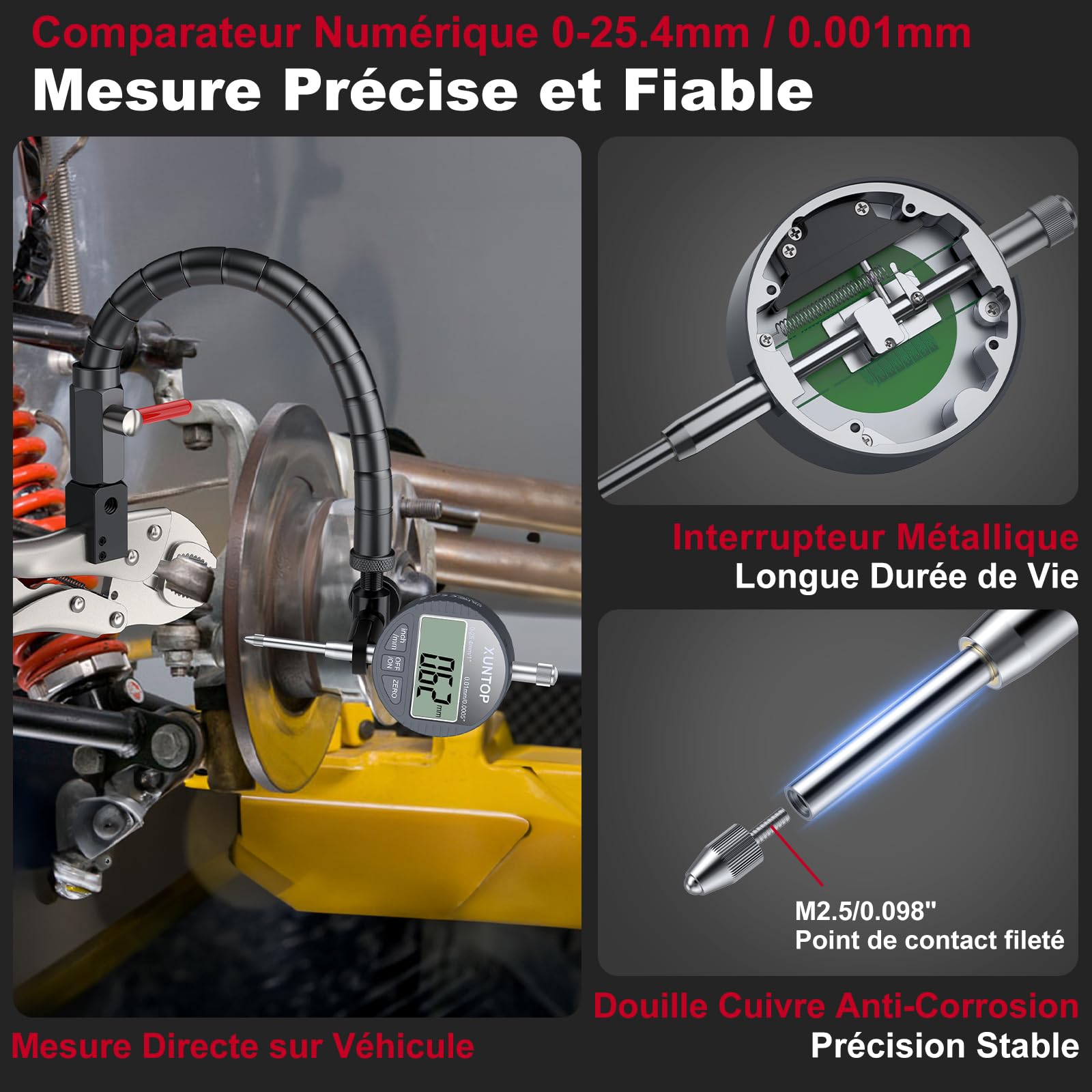 XUNTOP 25.4mm/0.01mm Comparateur Numérique pour Étrier de Frein - Outil de Mesure Automobile Professionnel avec Jauge de Déformation de Disque, Pince de Verrouillage 7'', Support Flexible 360°