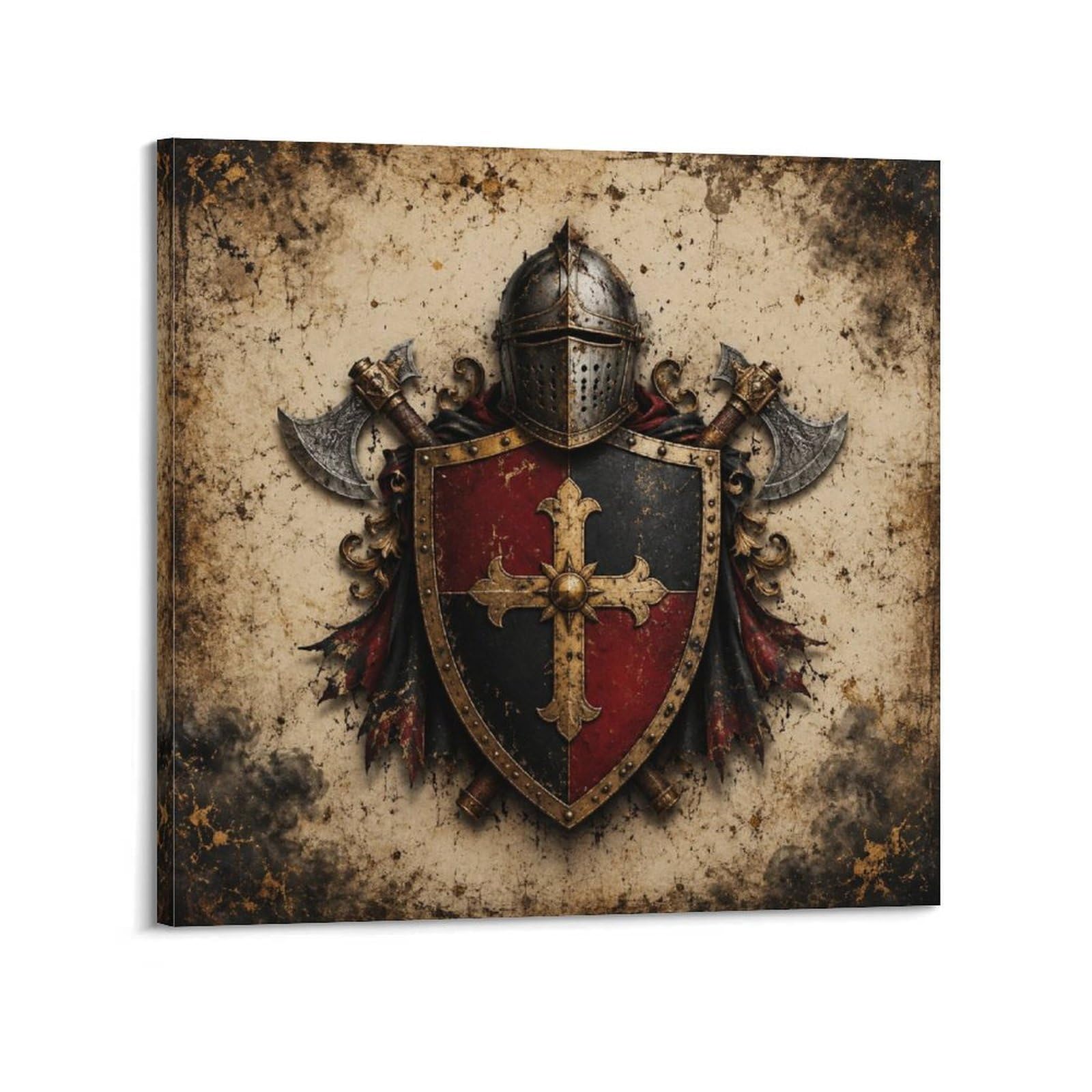 XKUGA Heraldic Shield Poster Axes Templar Cross Medieval Crest Modern Decorative Canvas Prints - Ideal Wall Art for Family, Man Cave, Game Room, Boys & Girls Bedroom 12x12inch(30x30cm)