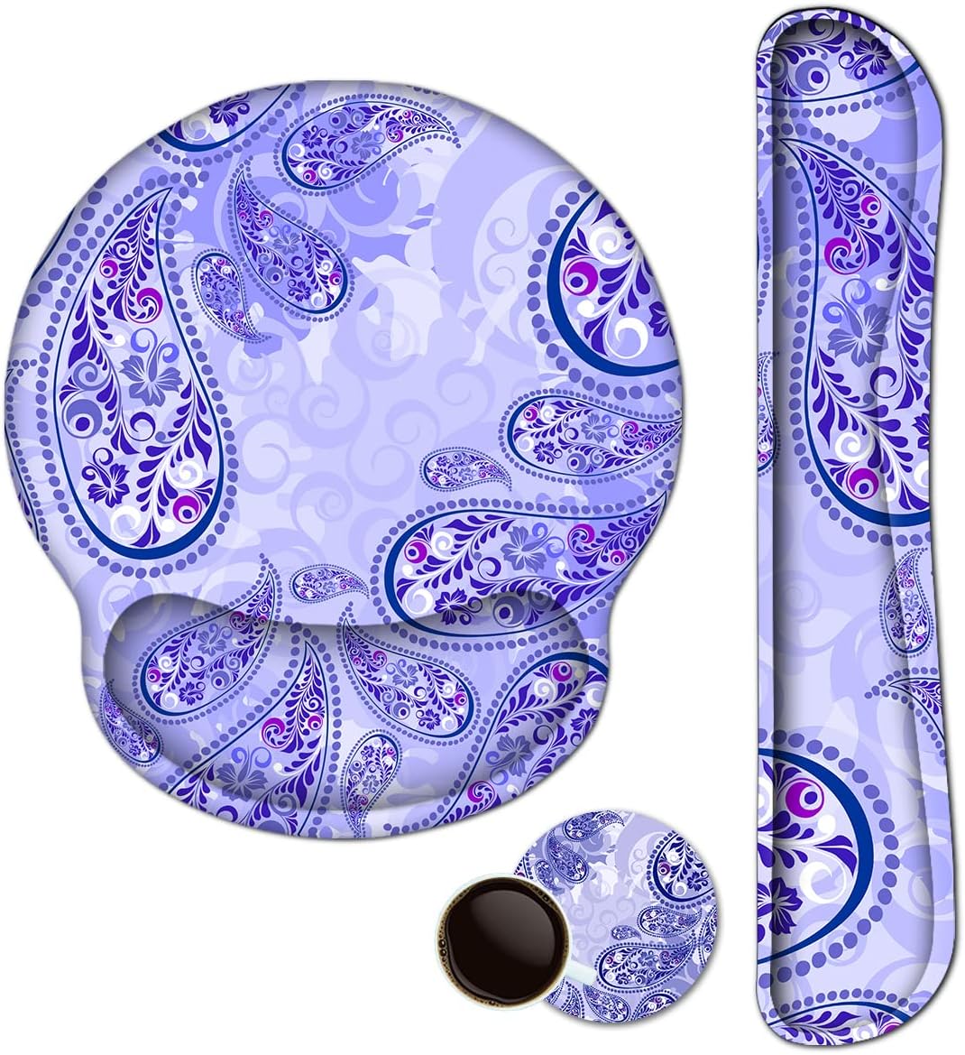 Keyboard Wrist Rest Pad and Mouse pad with Wrist Rest Support Set, Non Slip Base Wrist Support Mousepads with Ergonomic Comfy Gel Memory Foam for Home Office Efficient Working（Purple Paisley)