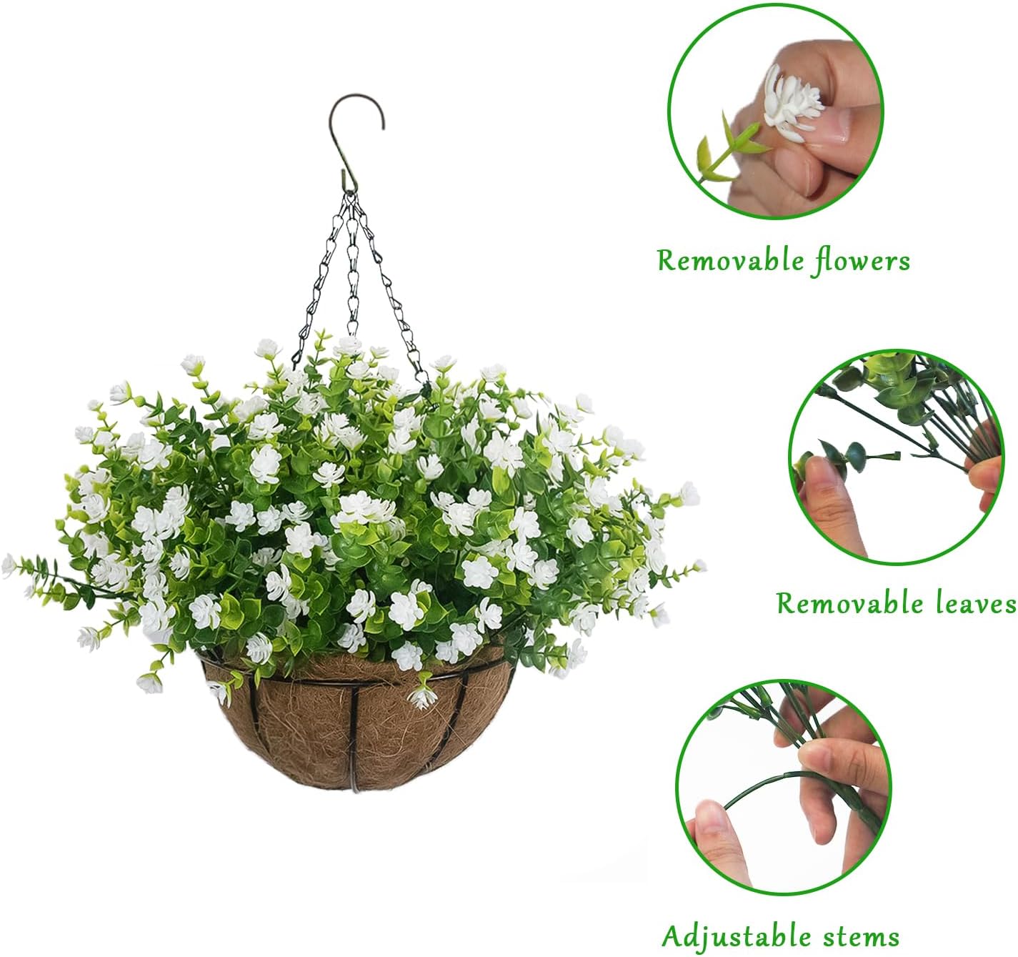 Artificial Hanging Flowers Basket, 12 UV-Resistant Bundles of Realistic Fake Flowers, Faux Plants for Outdoor Decor, Home, Garden, Porch, Patio, Spring & Summer Decorations, White - Image 3