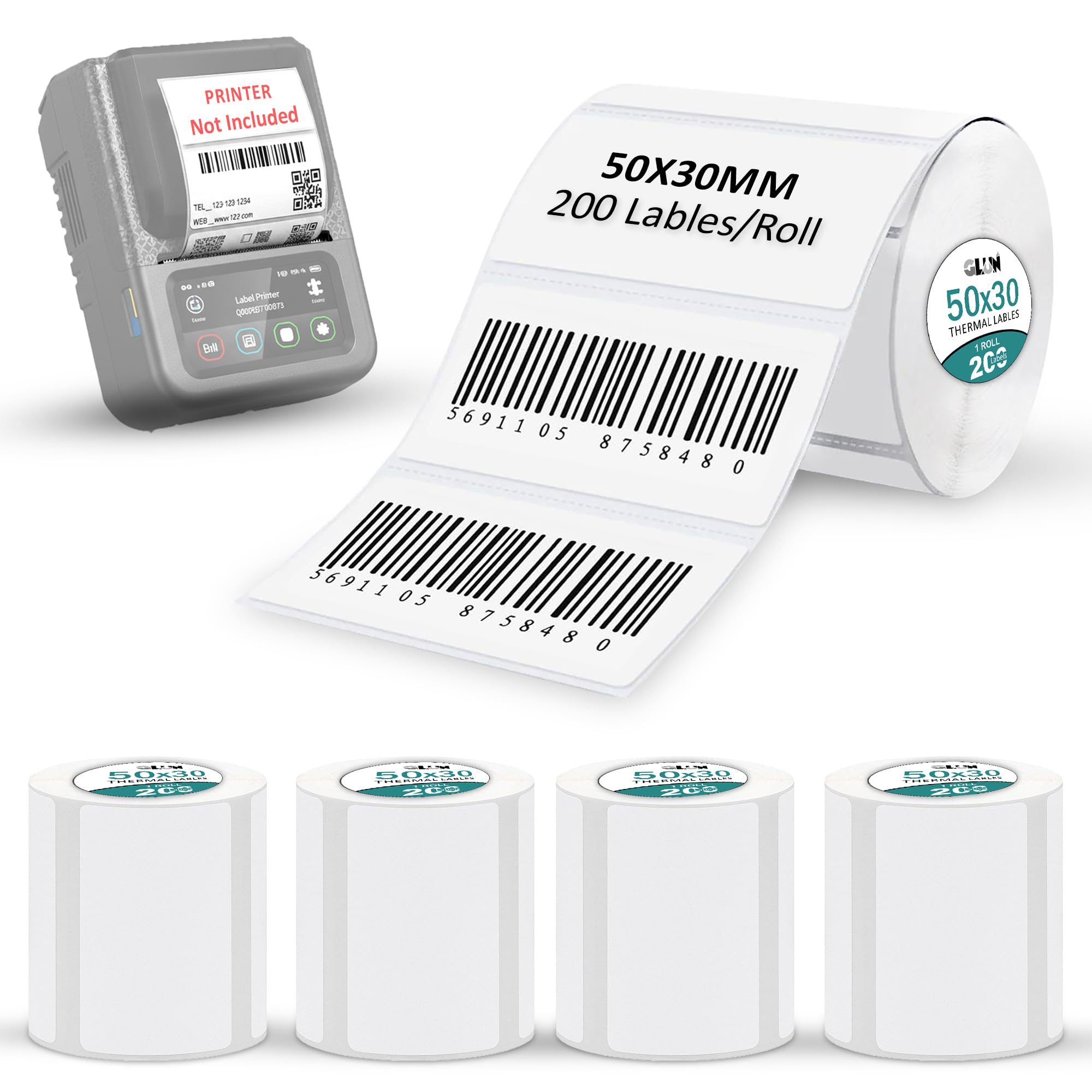 GLUN® Thermal Labels 50mm x 30mm | 2 Inch Self Adhesive Sticker Roll | Barcode, Shipping, Address Labels for Thermal Printer | 1000 Stickers (Printer Not Included)