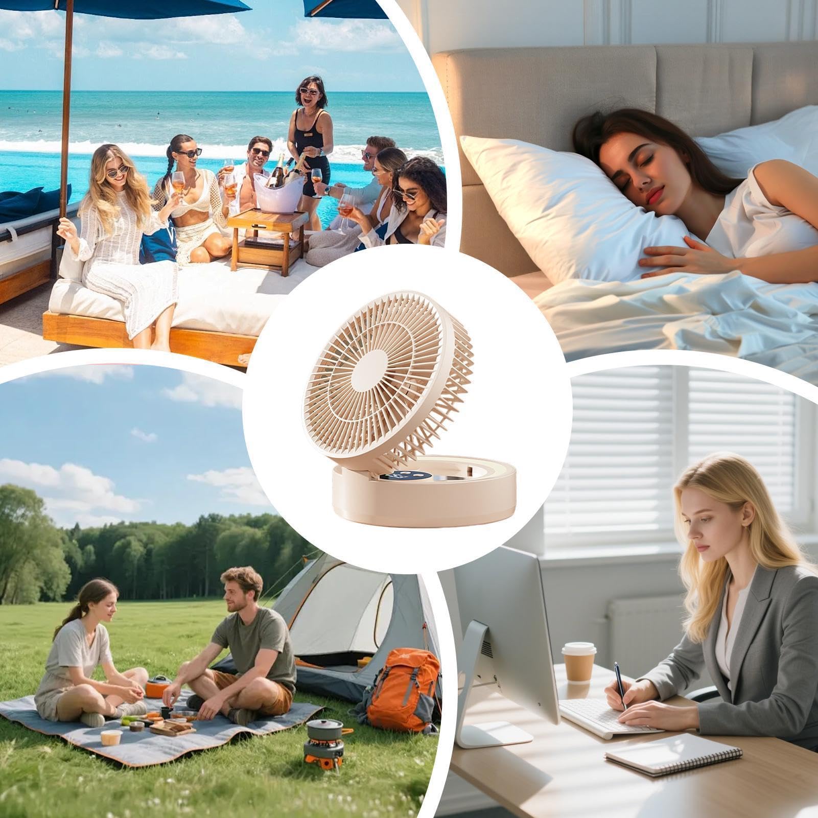 Ventilatore da Scrivania Ventilatore Pieghevole Ricaricabile USB a 5 | Ventola Per Comodino Con Luce LED E Specchio Trucco Timer E Pieghevole per Dormitorio Comodino Scuola