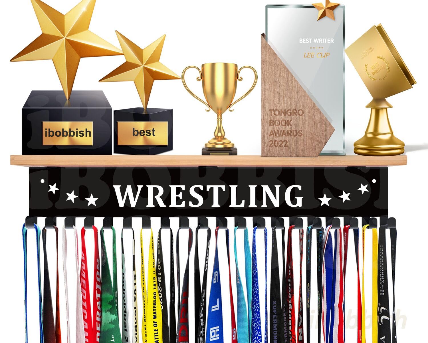 Trophy Shelf with Hooks for Medals - Metal Display Shelf for Wall Mount Ribbon Display, Trophy Shelves for Gymnastics, Soccer, Wrest,Running Race Medals Awards Rack,Trophy Award holder Upgraded