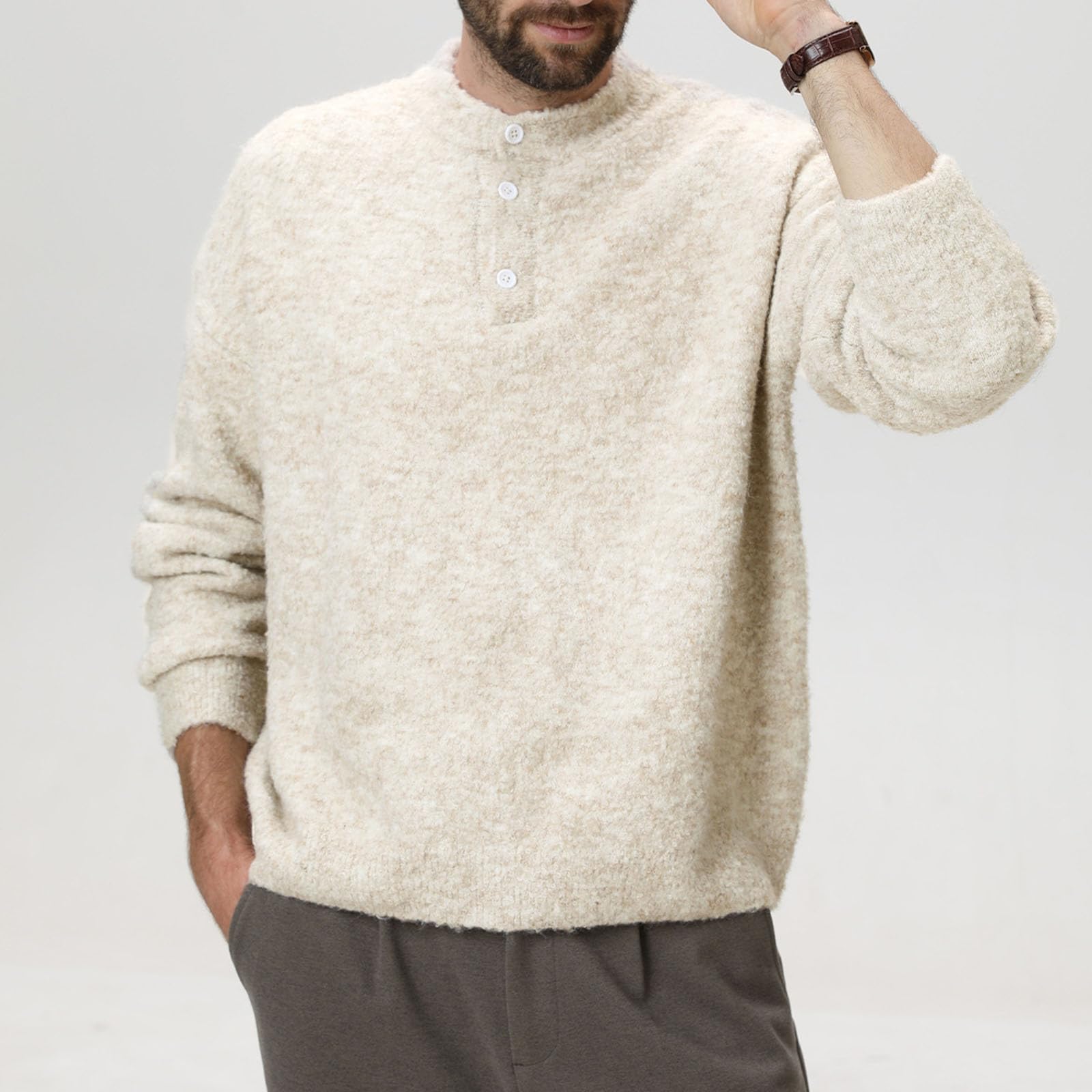 Maglione da uomo Henley a manica lunga casual con bottoni e girocollo in maglia morbida