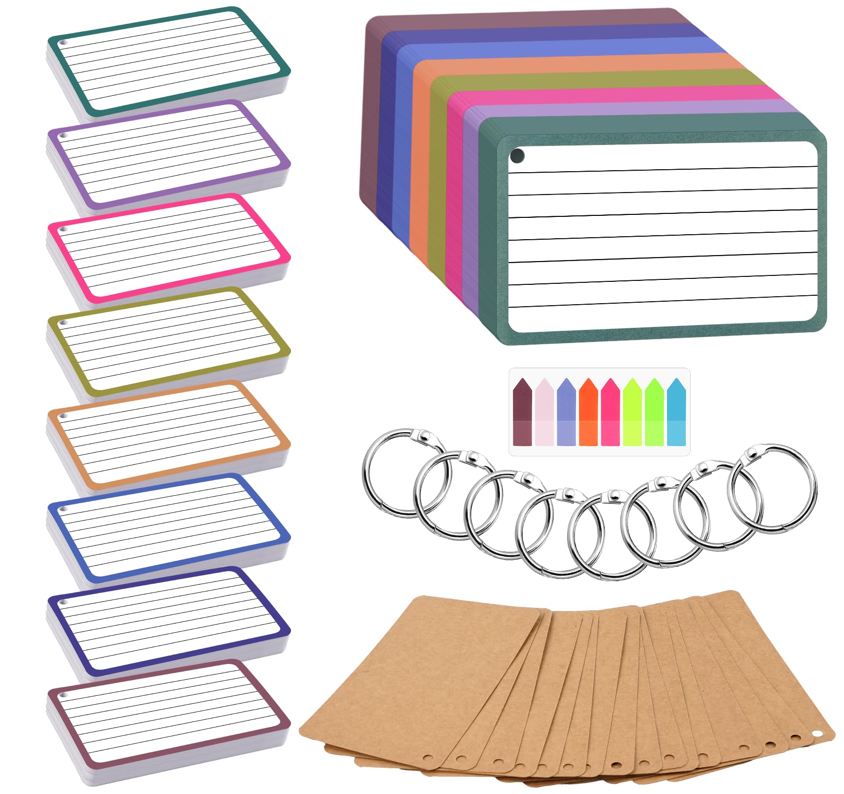 Agoer Revision Cards Coloured,400pcs Index Cards,3 x 5 in Punched Lined Flash Cards with Rings,Sticky Tabs and Kraft Papers,8 Colours Heavy Note Cards Set for Revision,Presentation,Teacher,Student
