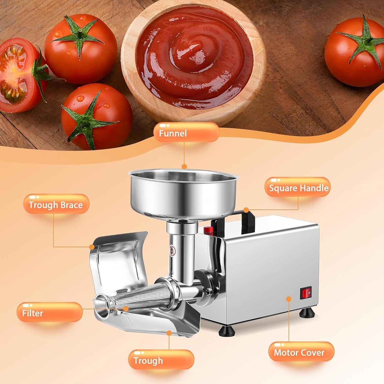 Passaverdure E Frullatore Professionale per Pomodori, Passaverdure Elettrico da 450 W per Salsa di Pomodoro E Composta di Mele Fatte in Casa, Pressa per Pomodori Efficiente per Salse E Puree