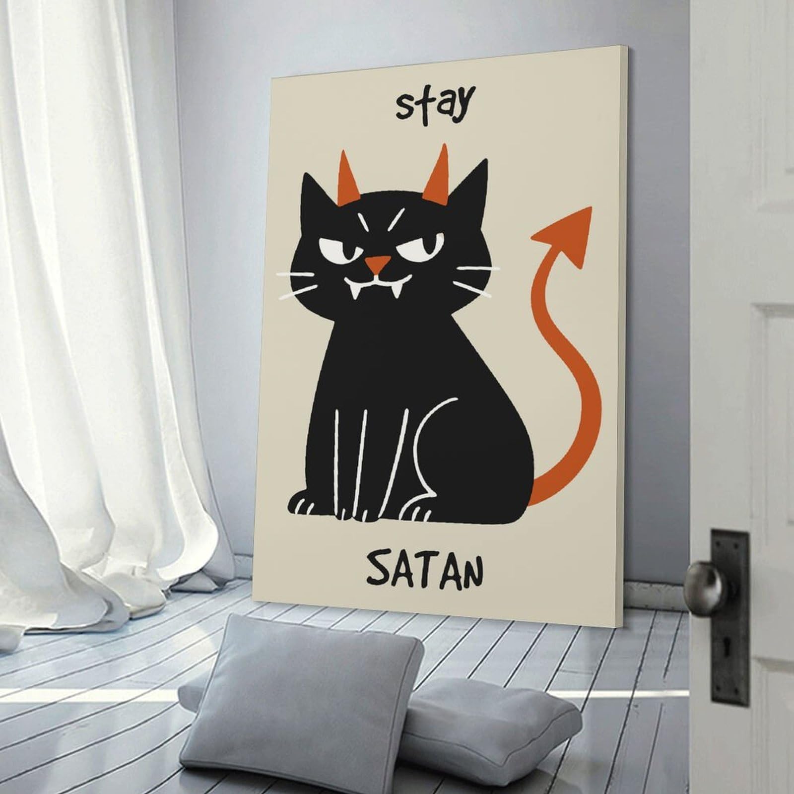 Junmoney Wall Decor Canvas Print Stay Satan Devil Cat Illustration, 16x24inch(40x60cm), for Study, Office Or Focused Interiors, Wall Art That Adds Style to Work Areas