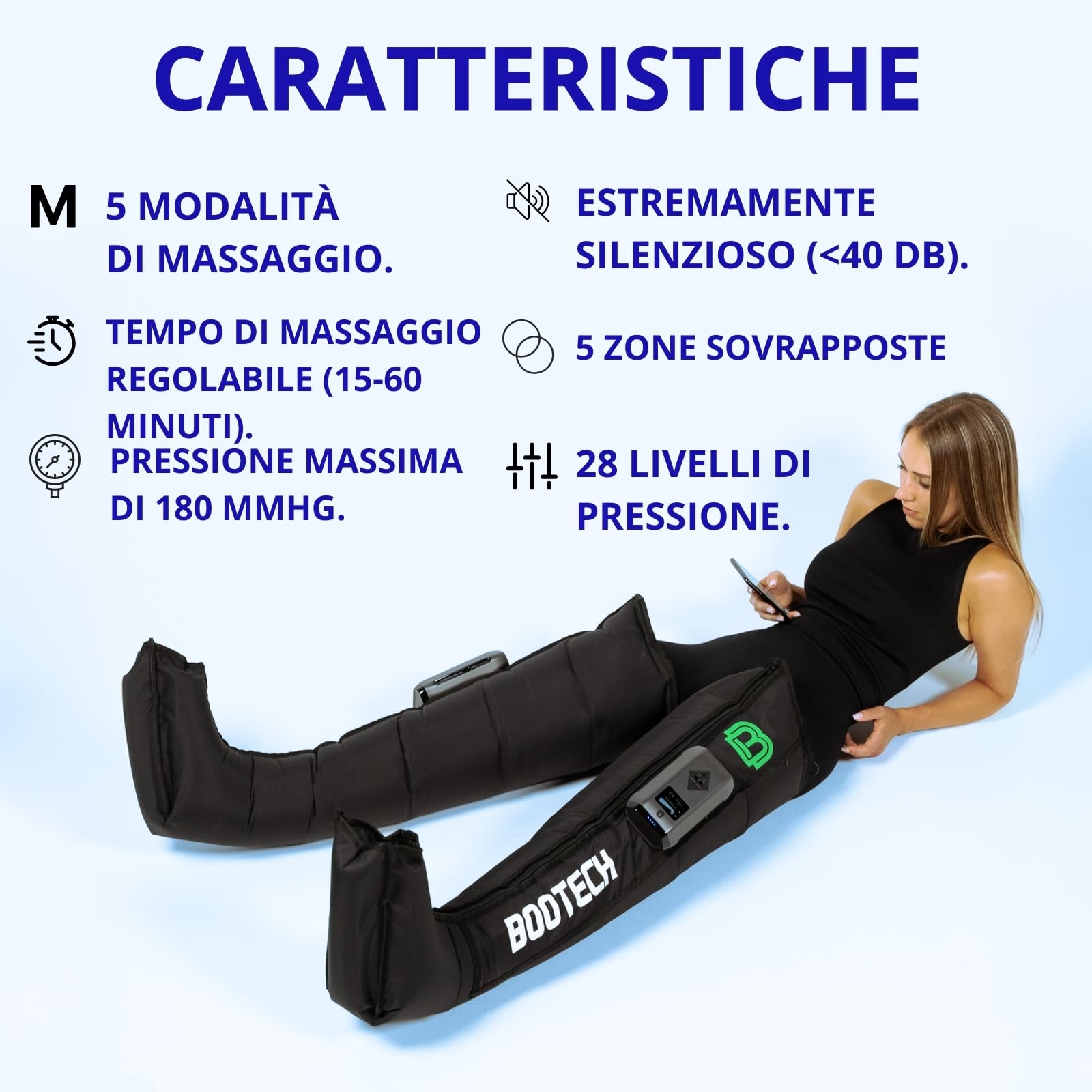 BOOTECH Pressoterapia Wireless per Casa, Massaggiatore Gambe Stanche, Recovery Boots Migliora Circolazione, Recupero Muscolare, Drenaggio Linfatico, Anticellulite, Batteria 3H Controllo App (L)