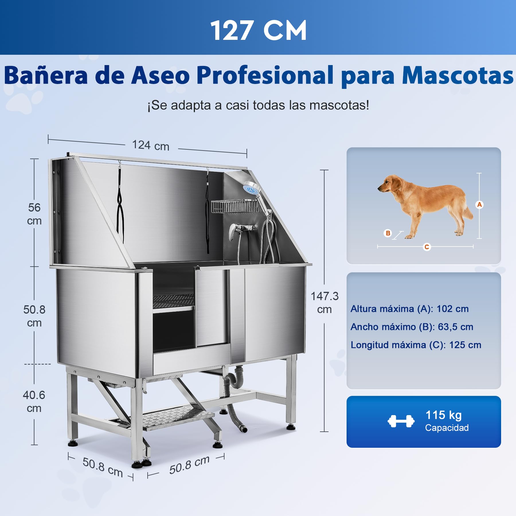 CO-Z Bañera de Aseo Profesional para Perros 127cm de Ancho Bañera de Acero Inoxidable para Mascotas Capcidad 115kg Bañera para Perros con Escaleras, Puerta Corrediza, Grifo,Correa