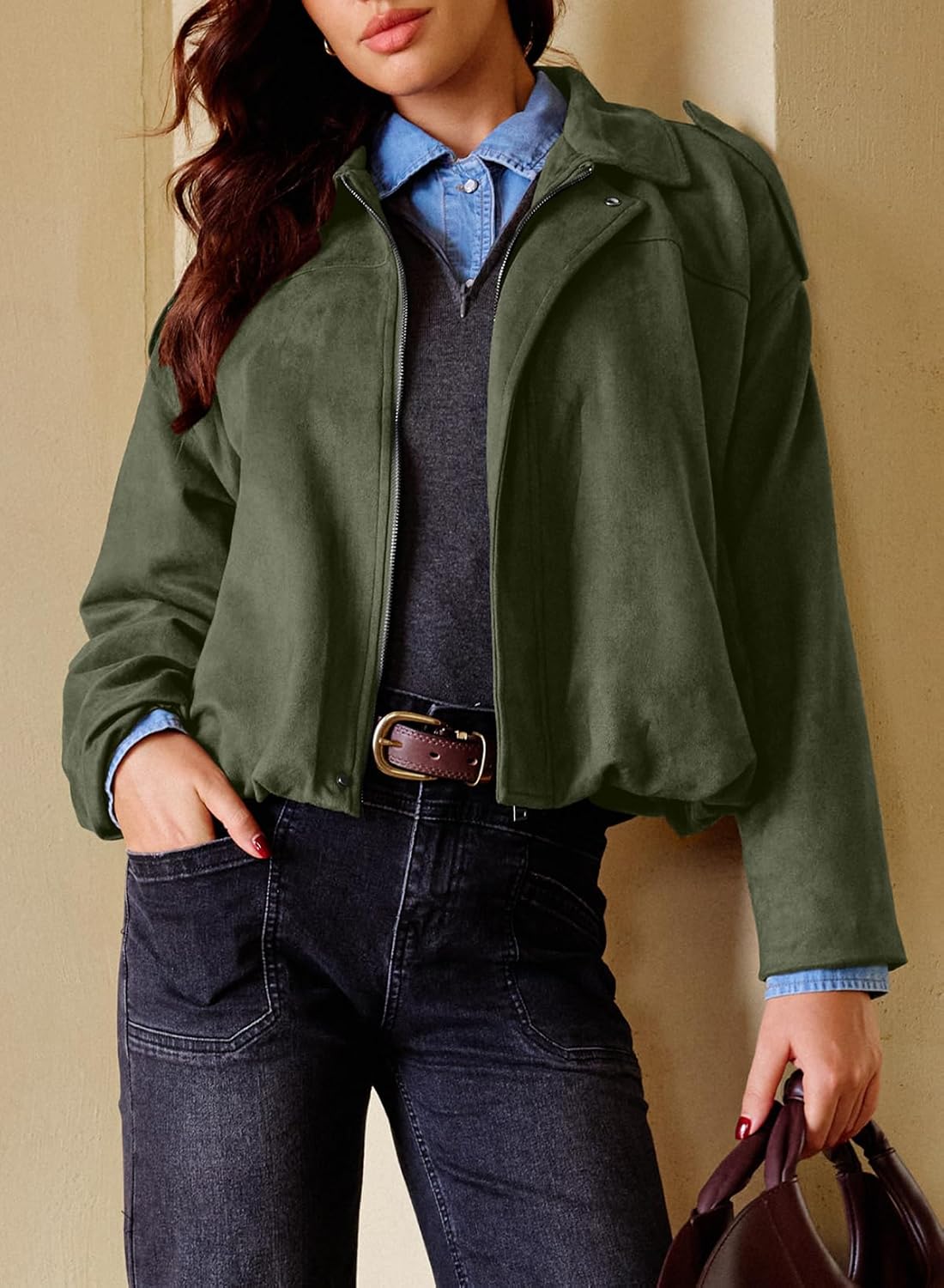 EVALESS Womens Faux Suede Bomber Jackets Long Sleeve Spring Coats Zip Up Cropped Jacket Trendy Outerwear with Pockets - Image 2