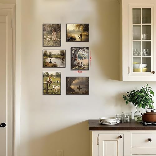 Miniatura 7 de Juego de 6 cuadros de arte de pared vintage de campo, sin marco, impresiones rústicas de paisaje natural, cuadros retro de niños y animales para
