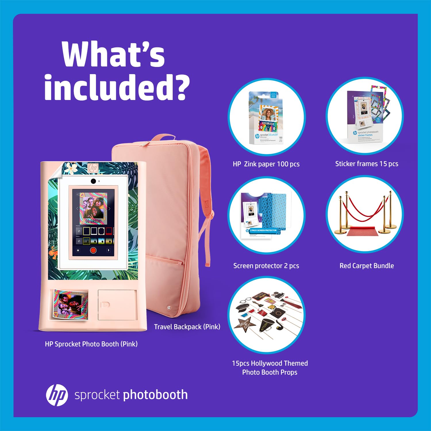 HP Sprocket Cabina fotografica Stampante fotografica istantanea a colori (rosa) + Carta Zink (100 fogli) + Red Carpet (1) + Custodia (1) e altro.