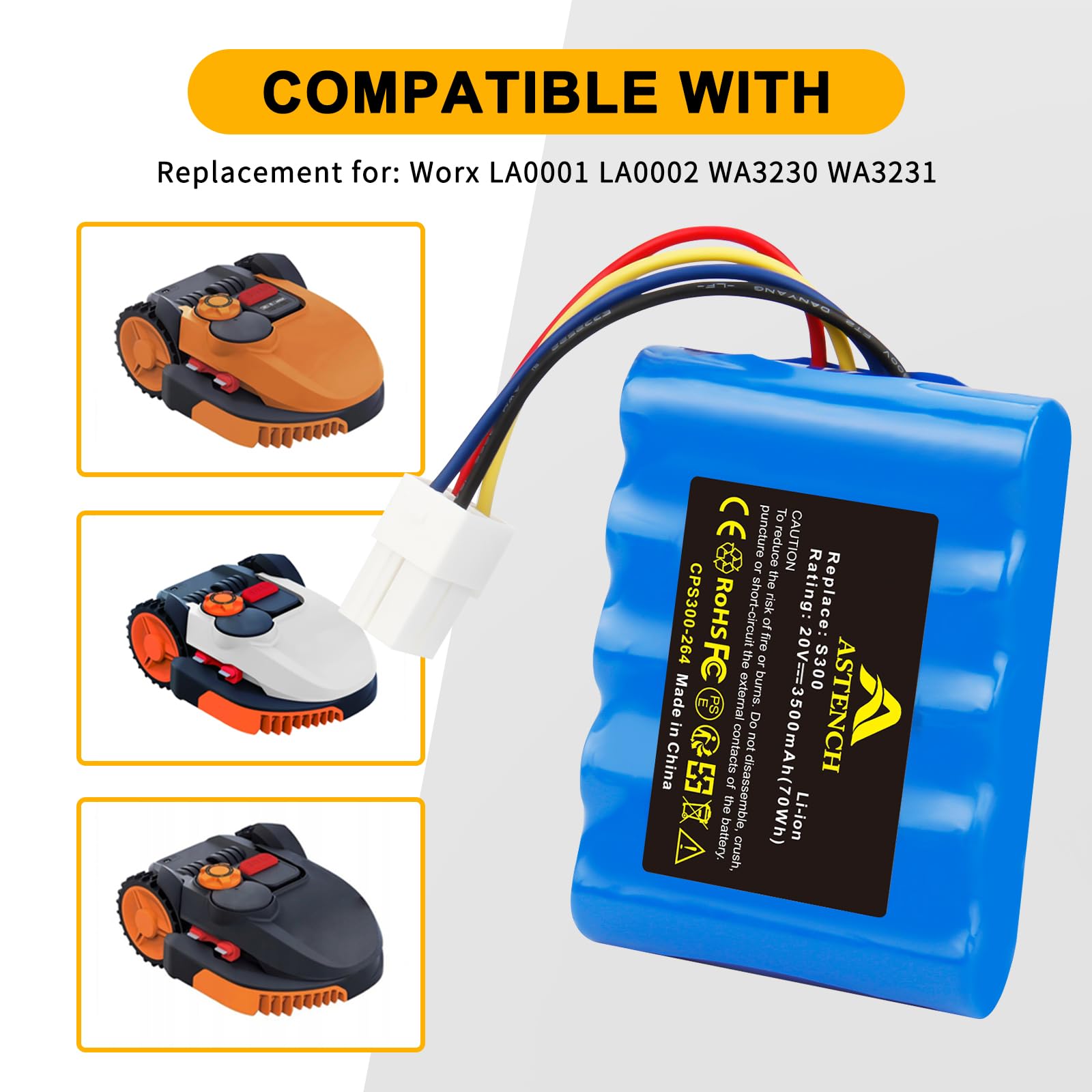 20V Li-ION Ersatzakku für Landxcape LX790i LX790 LX792 LX795 LX796 LX991 Ferrex 800 m2 2021, für Worx Landroid S300 S 390m2 S Basic S300i S450i S500i, remplacer LA0001 LA0002 WA3230 WA3231