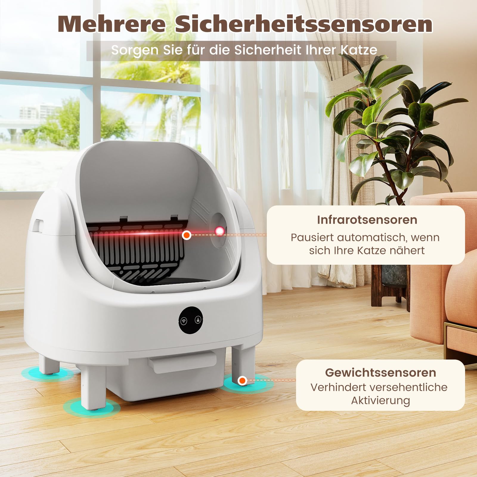 COSTWAY Selbstreinigende Katzentoilette, offen, Katzenklo selbstreinigend mit App-Steuerung, Geruchskontrolle & Sensorsicherheit, inkl. Müllbeutel, Aromatherapie-Box, automatisch für Mehrere Katzen