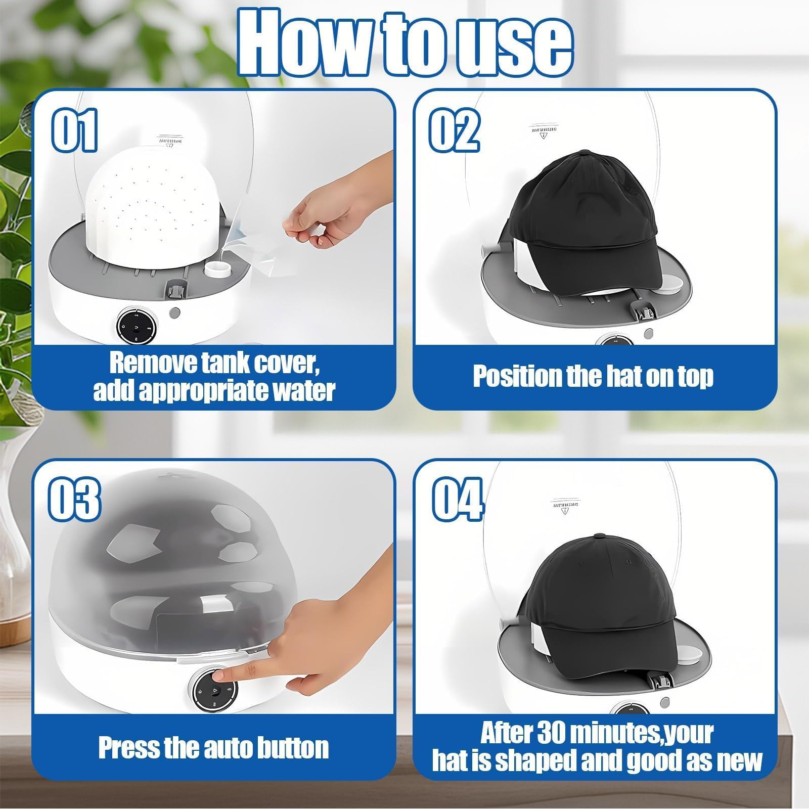 Pulitore Automatico 3 In 1 Per Cappellini Da Baseball, Asciugatrice A Vapore A 360°, Serbatoio Dell'acqua Da 250 Ml, Doppia Asciugatura A Caldo E A Freddo, Ciclo Di Funzionamento