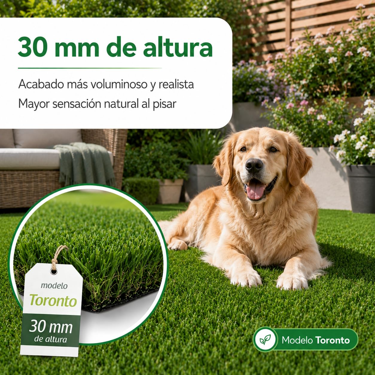 Césped Artificial 2x10m Premium 30mm, Modelo Toronto, 18.900Puntadas, 6.700Dtex. Máximo Realismo, Alta Densidad, Ideal para Exteriores, Piscinas, Terrazas y Jardín