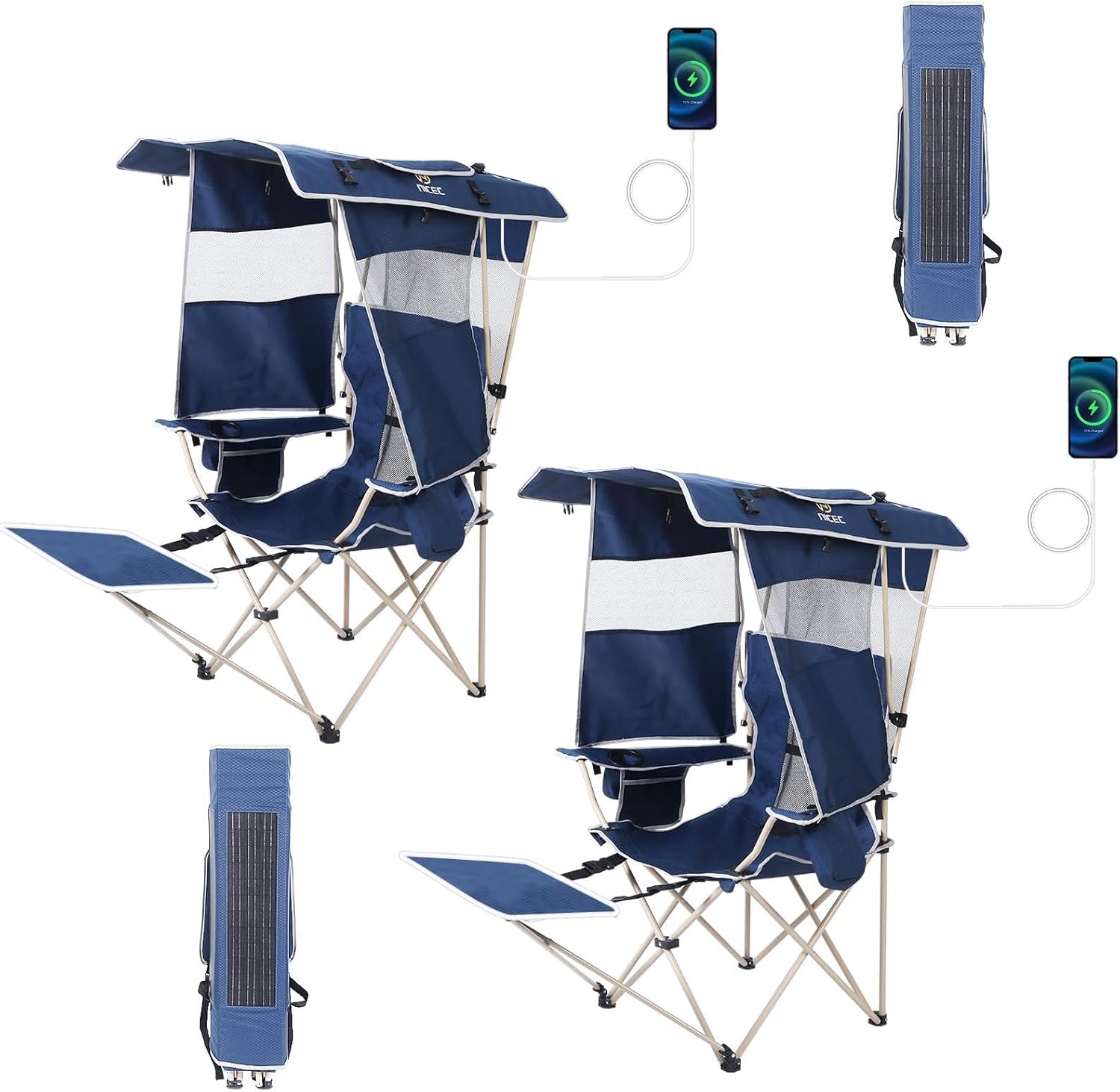 Nice C Chair with Canopy, Umbrella Chair, Chairs with Shade, Sports Chairs, USB, Type-C&DC Charging Cable Included, 30W Solar Panels, Removable Footrest&Cooler Bag (2 Navy)