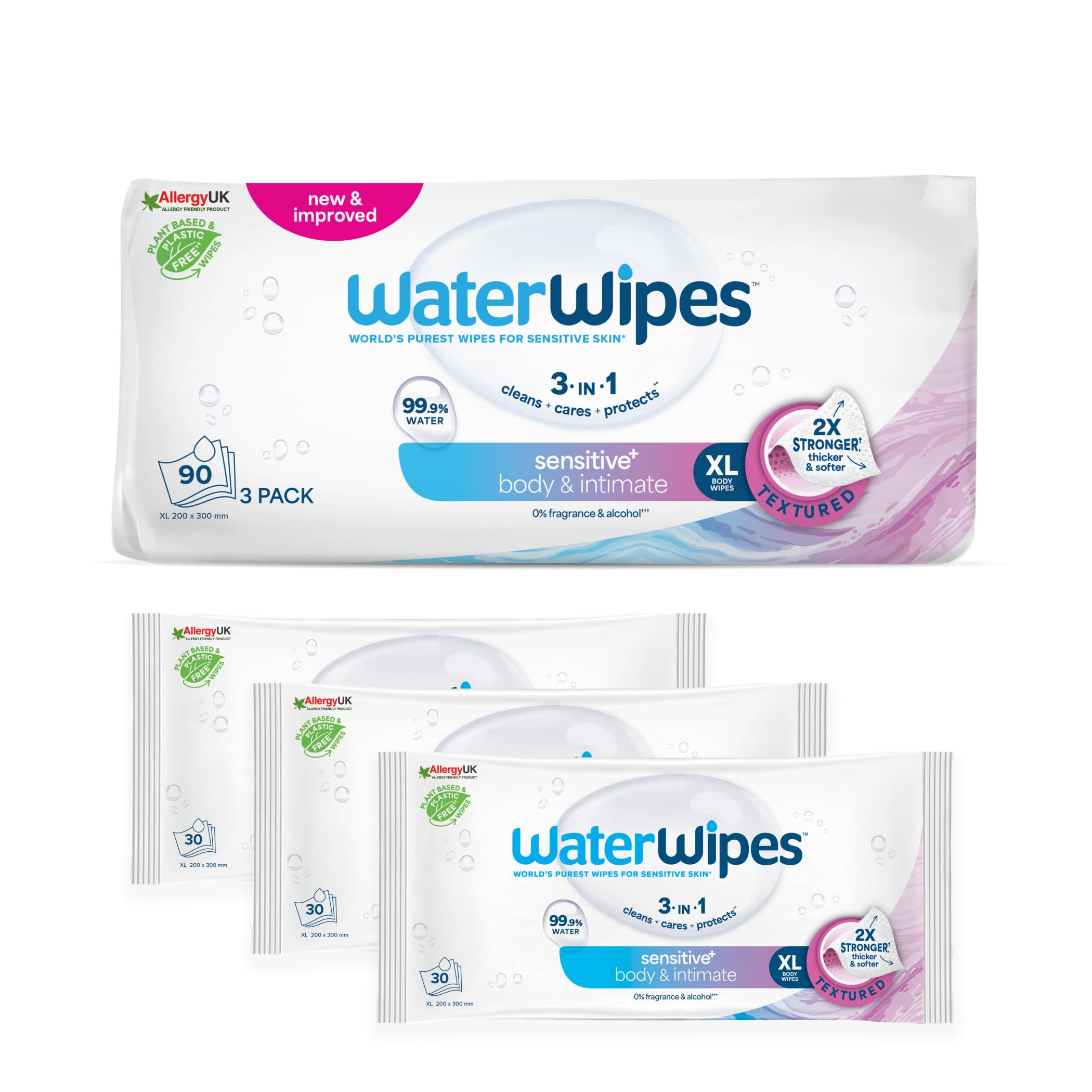 WaterWipes Sensitive+ Body & Intimate Wipes, Higiene Corporal e Intima, 90 toallitas (3 paquetes), 3 en 1 Limpia, Cuida, Protege, 99,9% de agua, Sin perfume e Higiene, Cuidado adulto