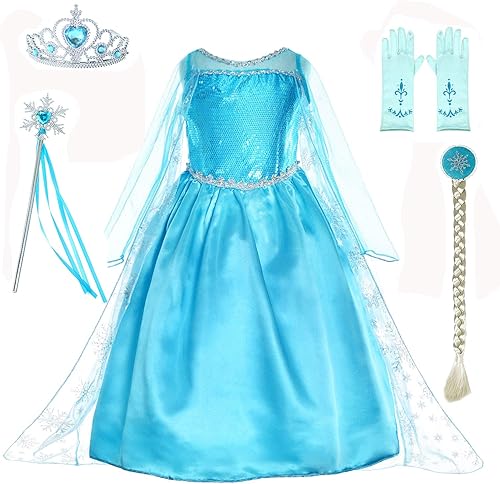 Disfraces de princesa para niñas pequeñas, fiesta de cumpleaños con peluca, corona, maza, guantes, accesorios de 3 a 10 años