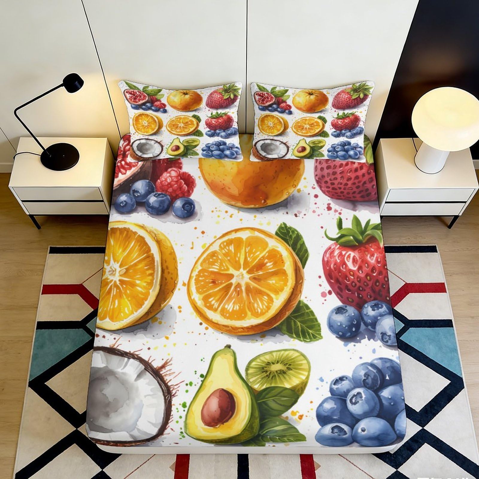 3D Printed Orange Fruit Fitted Sheet Microfiber Soft Breathable Avocado Strawberry Mattress Cover Bedroom Decor 90x200x25cm
