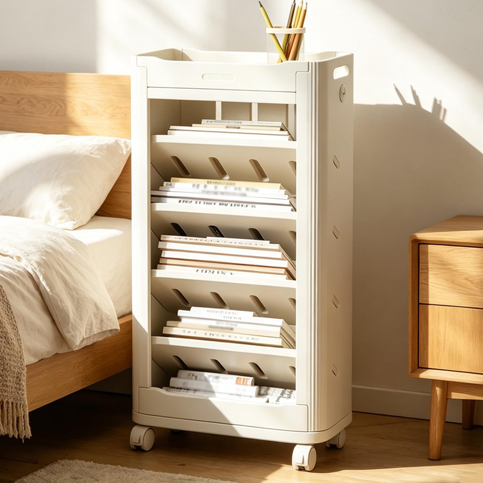 Libreria A 7 Livelli Su Ruote, Organizzatore Per Libri E Carrello Multiuso Mobile, Design Con Ripiani Inclinati, Organizzatore Stretto Per Aula, Ufficio, Studio E Casa(B)