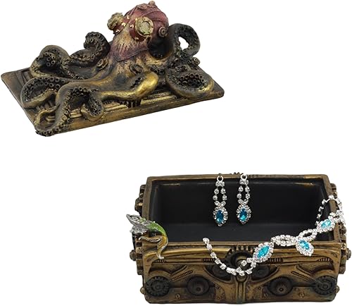 Vista 4 de Ebros - Joyero decorativo de bronce sintético, pulpo steampunk en el cofre del tesoro pirata, estatua de guerrero de pie Kraken