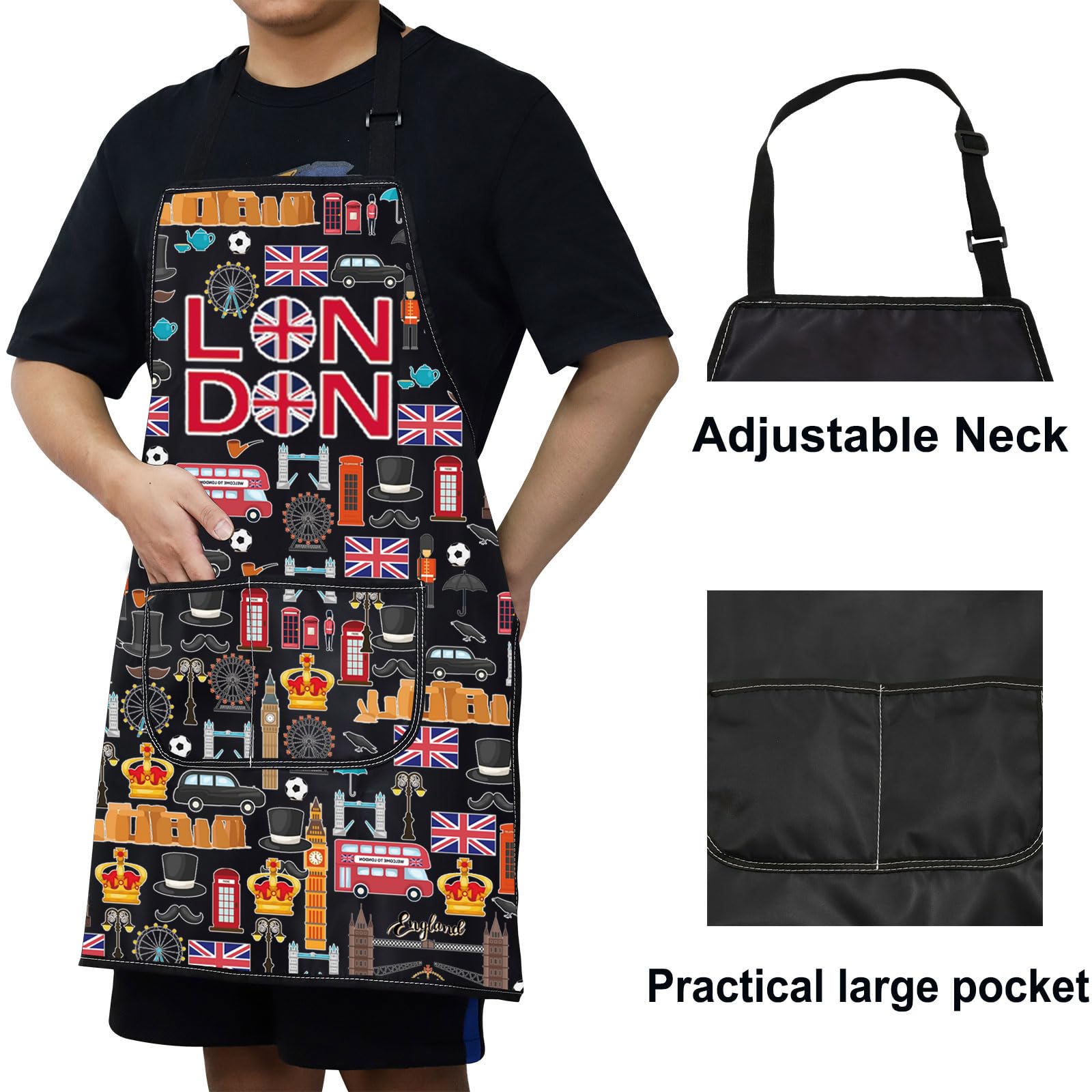 WZMPA England London Cooking Apron London Cook Gift United Kingdom London Chef Adjustable Apron London Family Kitchen Gift, London Ap - Image 4