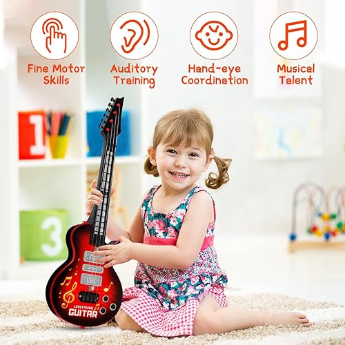 Miniatura 3 de M SANMERSEN Guitarra de juguete para niños de 4 cuerdas, guitarra eléctrica para niños pequeños con correa iluminada, juguetes musicales para niños