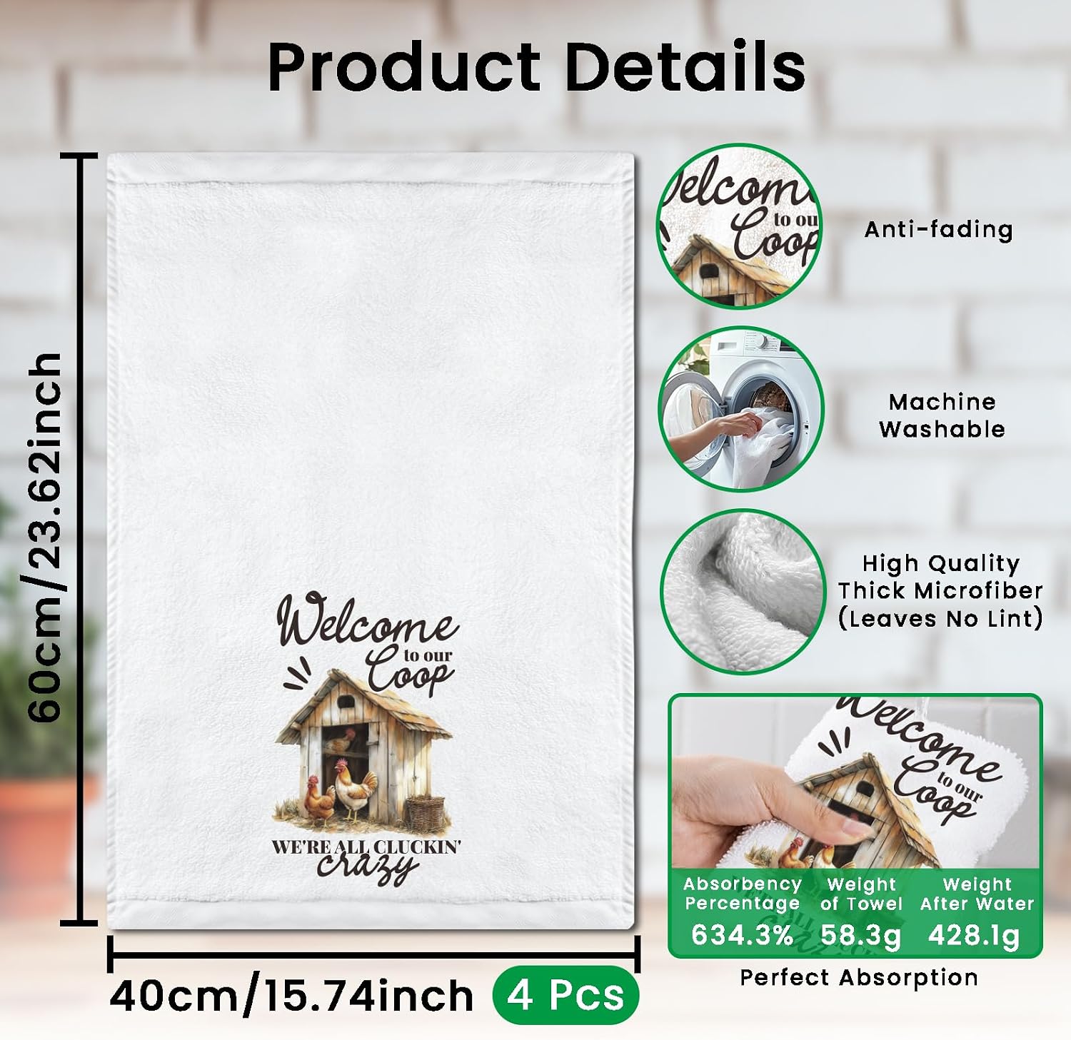 CUTHOLLOW 4Pcs Farmyard cockerel Kitchen Towels Cute Tea Towels image 2